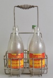 Group of 4 Vintage Glass Motor Oil Bottles with Labels and 4 Hole Carrier