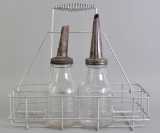 Group of 2 Perfection Oil Dispenser Co. Glass Motor Oil Bottles with Spouts and Carrier