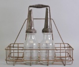 Group of 2 The Wonder Childs Sales and Equipment Co. Glass Motor Oil Bottles with Spouts and Carrier