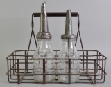 Group of 2 Peerless Oil Dispenser Co. Glass Motor Oil Bottles with Spouts and Carrier