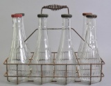 Group of 6 Vintage Marvelube Glass Motor Oil Bottles in Rhodes Carrier