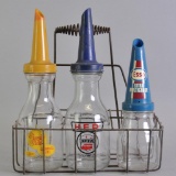 Group of 3 Vintage Glass Motor Oil Bottles with Plastic Spouts and Carrier