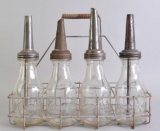 Group of 4 Vintage Rapid Oilers Glass Motor Oil Bottles with Spouts and Carrier