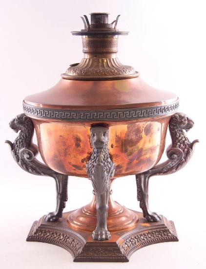 Antique Oil Lamp with Gargoyle Feet and Greek Key Design