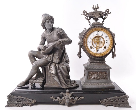 Antique Ansonia Clock Co. Ornate Mantle Clock with Young Man Playing Guitar