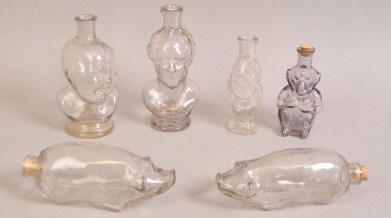 Group of 6 Antique Figural Glass Flasks