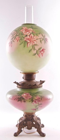 Antique Gone with the Wind Lamp with Floral Design on Base Glass and Globe