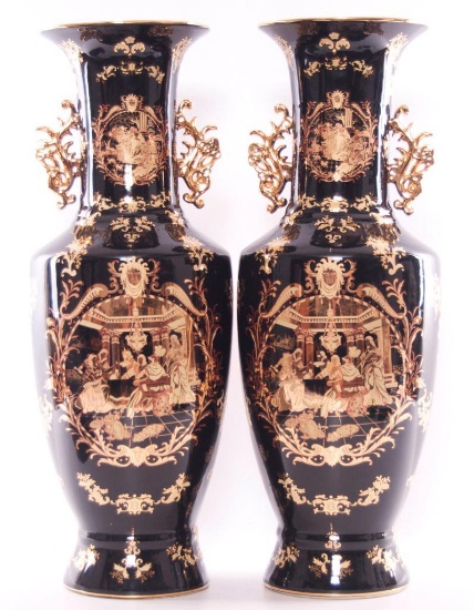 Pair of Black Porcelain Floor Vases with Gilding and Roman/Greek Design