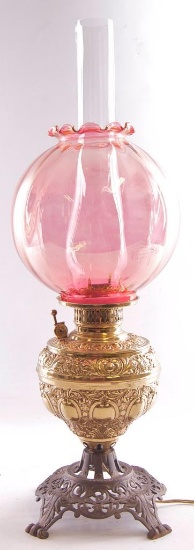 Antique Gone with the Wind Lamp with Cranberry Glass Globe