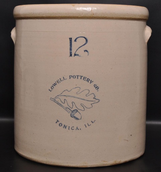 Antique 12 Gallon Lowell Pottery Co. Tonica Ill. Stoneware Crock
