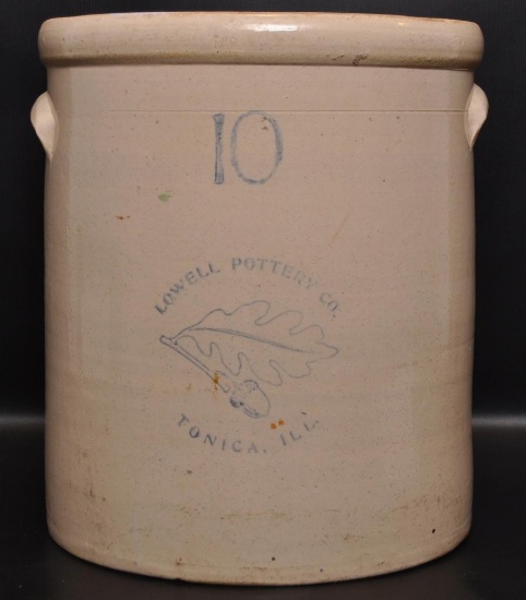 Antique 10 Gallon Lowell Pottery Co. Tonica Ill. Stoneware Crock