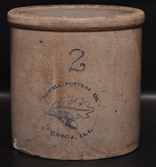 Antique 2 Gallon Lowell Pottery Co. Tonica Ill. Stoneware Crock