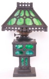 Antique Cast Iron Table Lamp with Stained Glass Shade