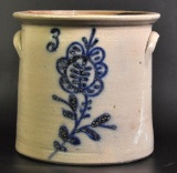 Antique 3 Gallon Stoneware Salt Glaze Crock with Cobalt Flower Decoration