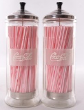 Group of 2 Vintage Coca Cola Advertising Etched Glass Straw Containers