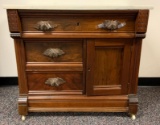 Antique Walnut Wash Stand with Carved Pulls and Marble Top