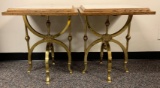 Group of 2 Antique Oak Side Tables with Brass Feet and Marble Tops