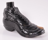 Antique Whiskey Black Glass Figural Shoe Flask