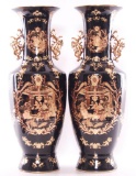 Pair of Black Porcelain Floor Vases with Gilding and Roman/Greek Design