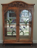 Antique Walnut China Hutch with Leaded Glass Doors