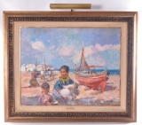Beach Scene Original Oil on Canvas by Ignacio Gil (1913-2003)