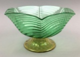 Signed Steuben Swirled Rib Pomona Green and Topaz Compote #6241