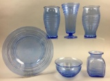 Set of 6 : Steuben Celeste Blue Air Bubble Patterned Threaded Glass Collection