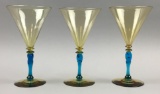 Set of 3 : Steuben Amber and Celeste Blue Stemmed Goblets