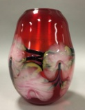 John Lotton : Ruby Red Leaf and Vine Art Glass Vase (1988)