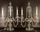 Pair of Vintage Glass Candelabras with Hanging Crystals