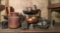 Shelf lot of vintage copper, silverplate items and more