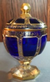Antique cobalt Blue Bohemian Moser panel glass covered candy dish with lid