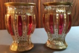 Antique Cabochon Moser cranberry panel glass vases with gold gilt accent