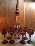 Group of Vintage ruby flash cut glass decanter and stemware