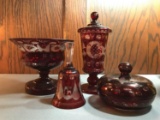 Group of Vintage ruby flash cut glass pieces