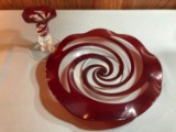 Vintage red and clear glass swirl plate and candle holder