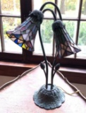 Metal floral pattern lamp with leaded glass shades