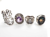Lot of 4 Costume Rings : Moonstone, Amethyst and Inlay