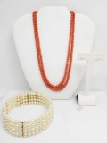 Pearl Choker w/14k Yellow Gold Earrings and Coral Bead Necklace