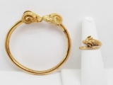 Vintage 18k Yellow Gold Double Rams Head Cuff w/ Matching Ring