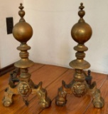 Antique Brass Lion Head Andirons