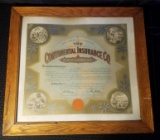 Framed 1912 Continental Insurance Company Certificate