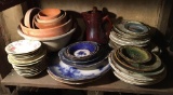 Shelf lot of vintage plates and more