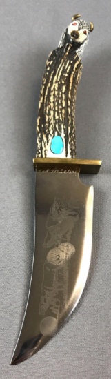 Ted Miller Knife with Carved Antler Handle and Turquoise