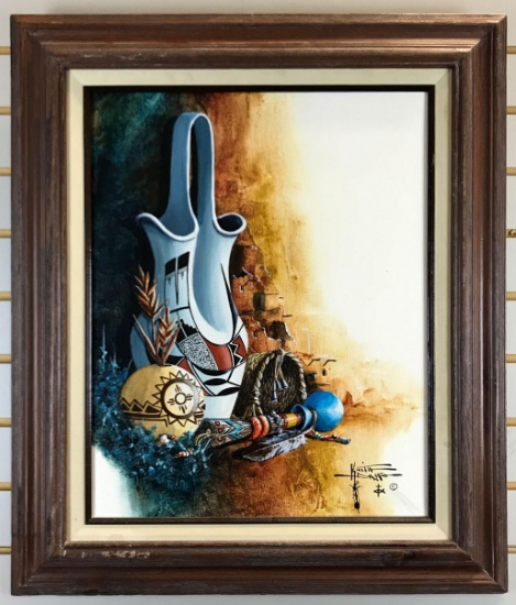 Keith D Adams Framed Oil Painting of Native American items on Canvas