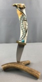 Ted Miller Carved Handle Knife with Antler Stand