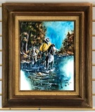 Keith D Adams Framed Oil Painting of Horses and Rider in Stream on Canvas