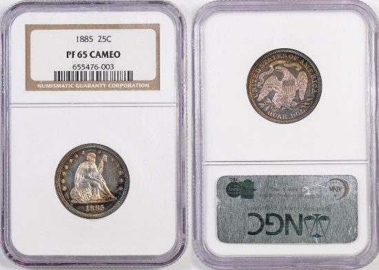 1885 Seated Liberty Silver Quarter (NGC) PF65 Cameo.