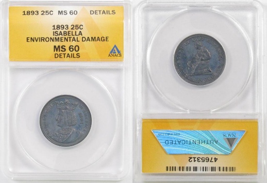 1893 Isabella Commemorative Silver Quarter (ANACS) MS60 details.