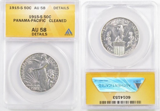 1915 S Panama-Pacific Commemorative Silver Half Dollar (ANACS) AU 58 details.